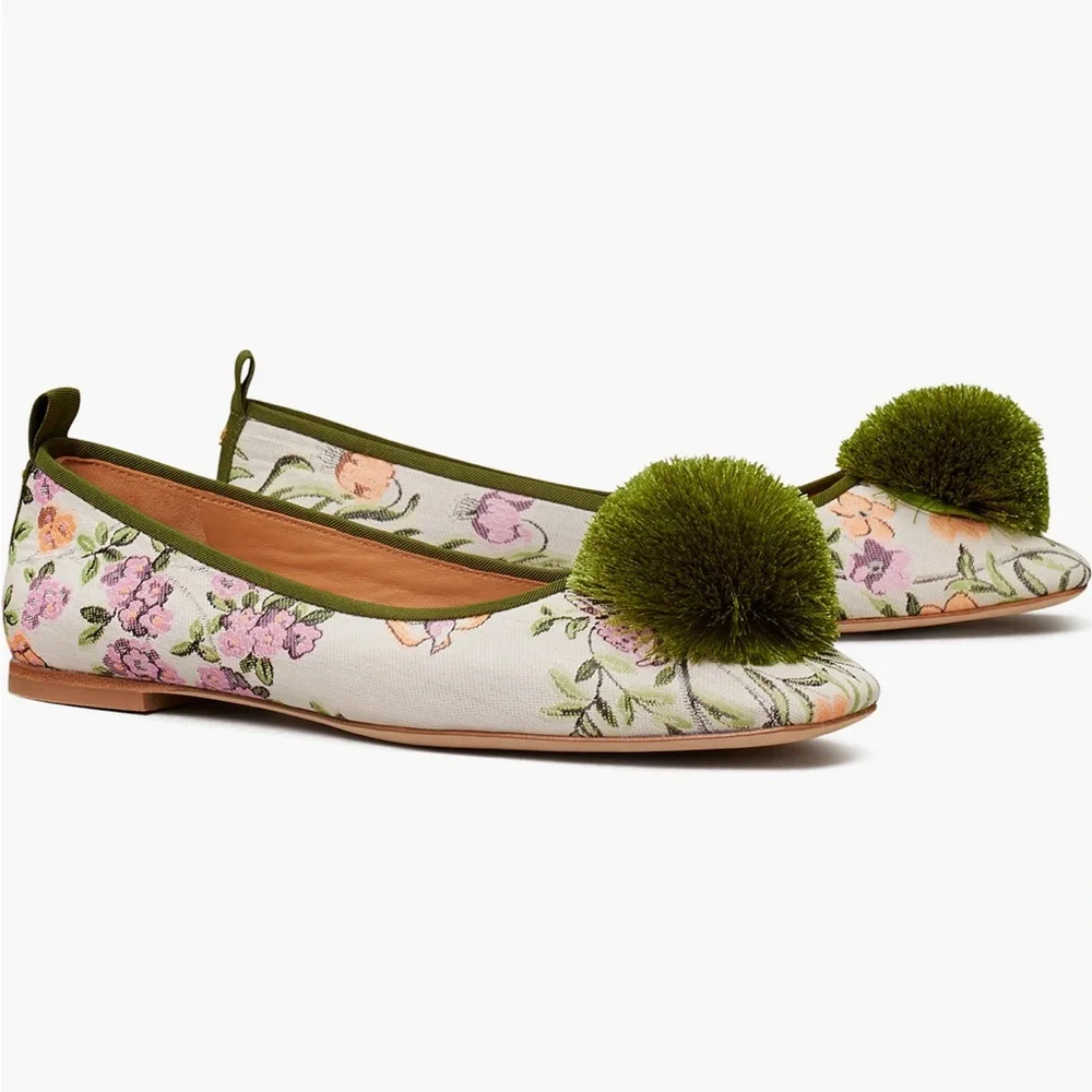 Tory Burch Floral Canvas Ballet Flats with Green Pom Pom - Picture 3 of 13
